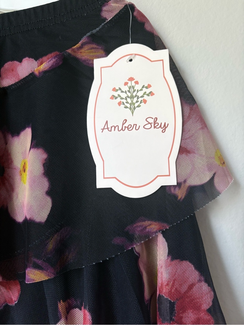 Amber Sky S Black Floral Mesh Ruffle Asymmetrical Skirt - Picture 2 of 9